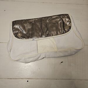 White Leather Clutch with Metallic Silver Flap